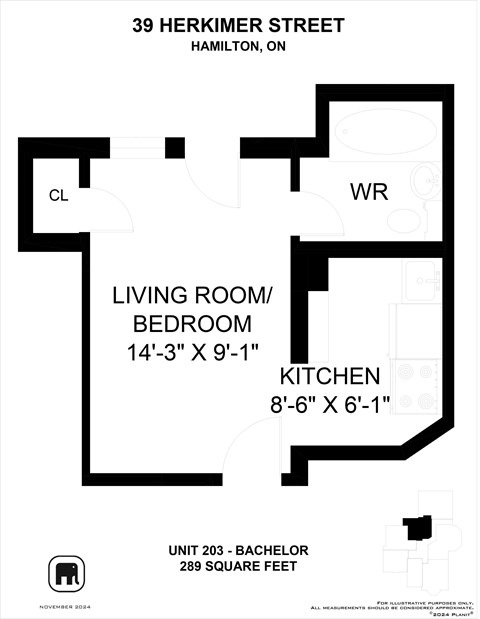 Floor plan for studio, 1 bath, 425 sqft